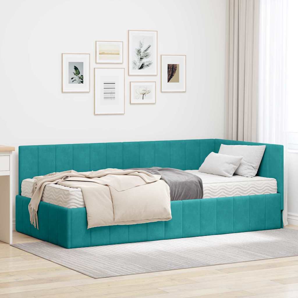 Hoekbedframe met Matras met hoofdeinde 2 pcs Turquoise Fluweel – afbeelding 1