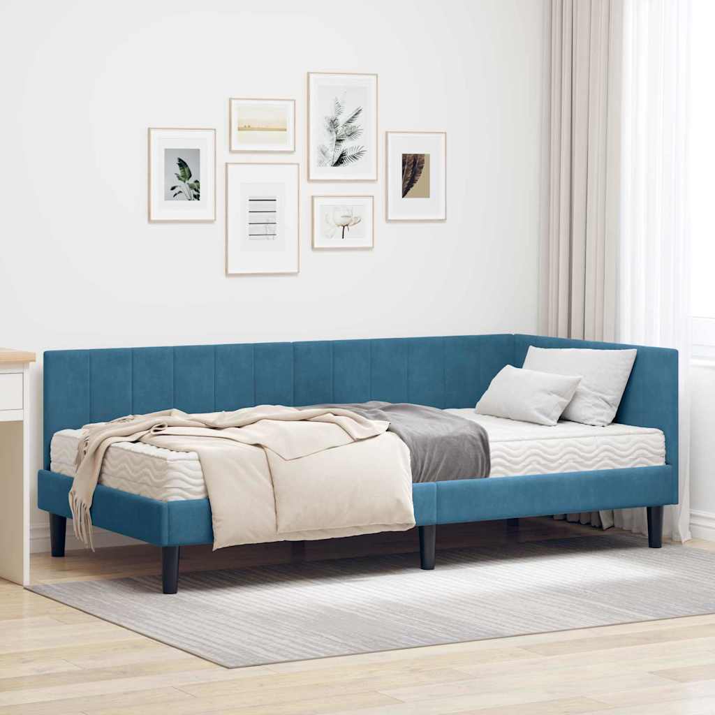 Hoekbedframe met Matras met hoofdeinde 2 pcs Blauw Fluweel – afbeelding 1