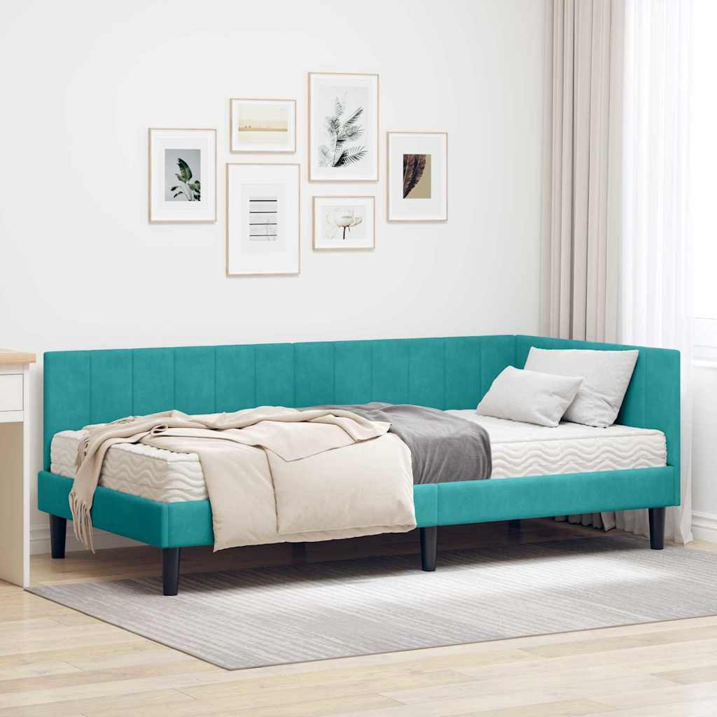 Hoekbedframe met Matras met hoofdeinde 2 pcs Turquoise Fluweel – afbeelding 1