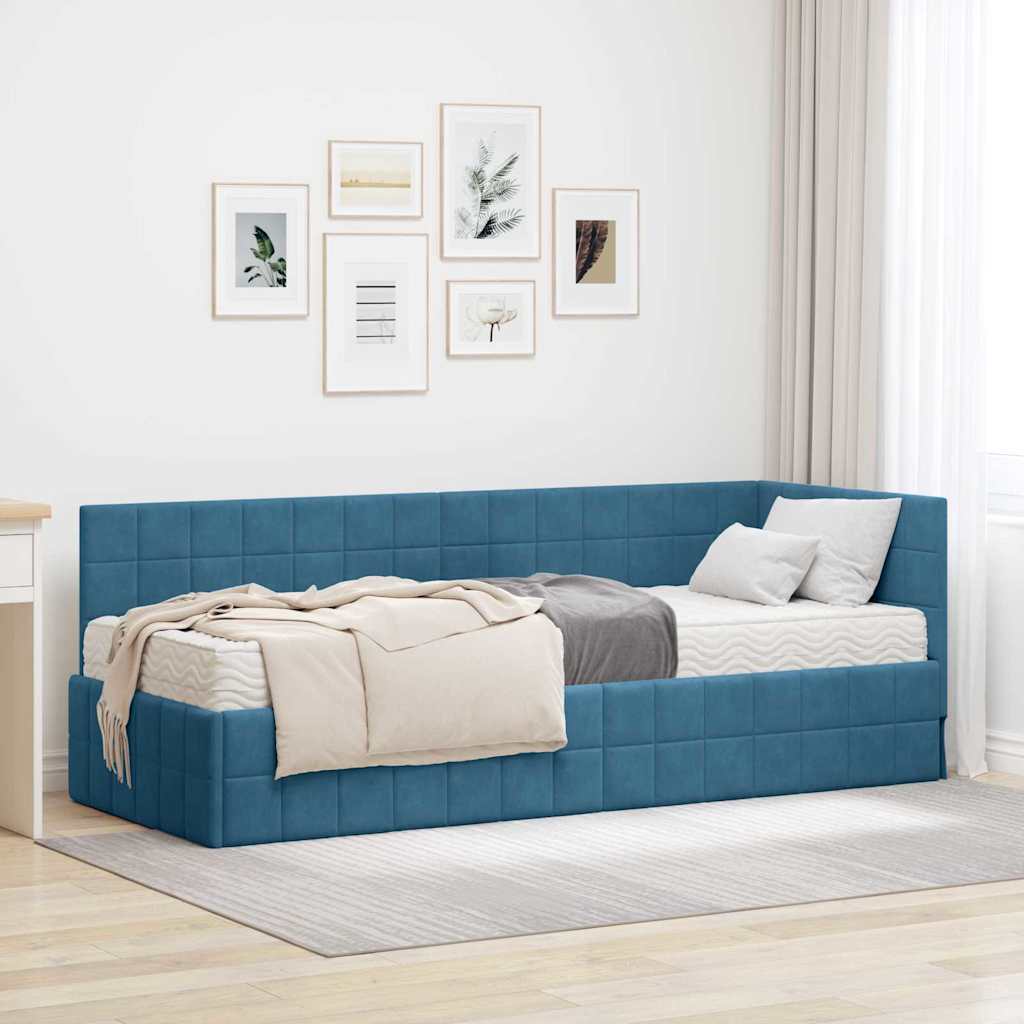 Hoekbedframe met Matras met hoofdeinde 2 pcs Blauw Fluweel – afbeelding 1