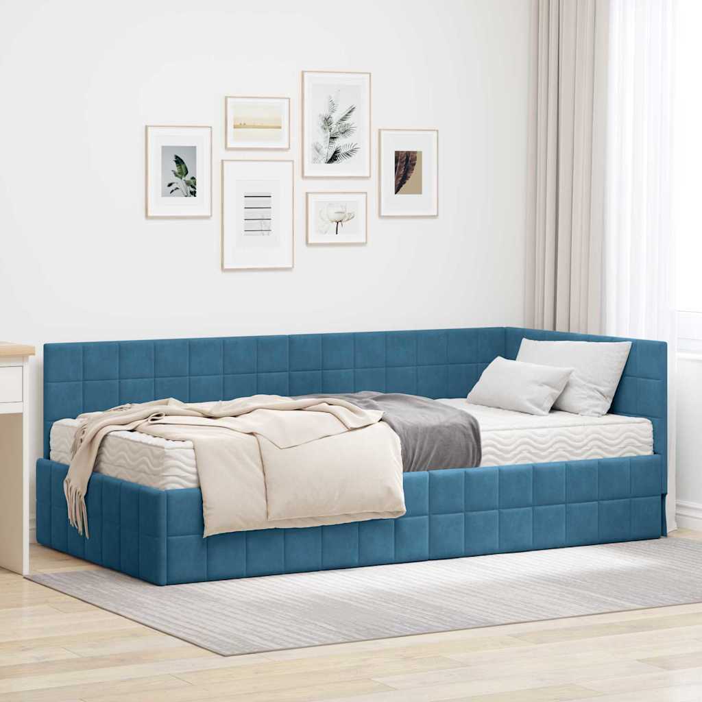 Hoekbedframe met Matras met hoofdeinde 2 pcs Blauw Fluweel – afbeelding 1