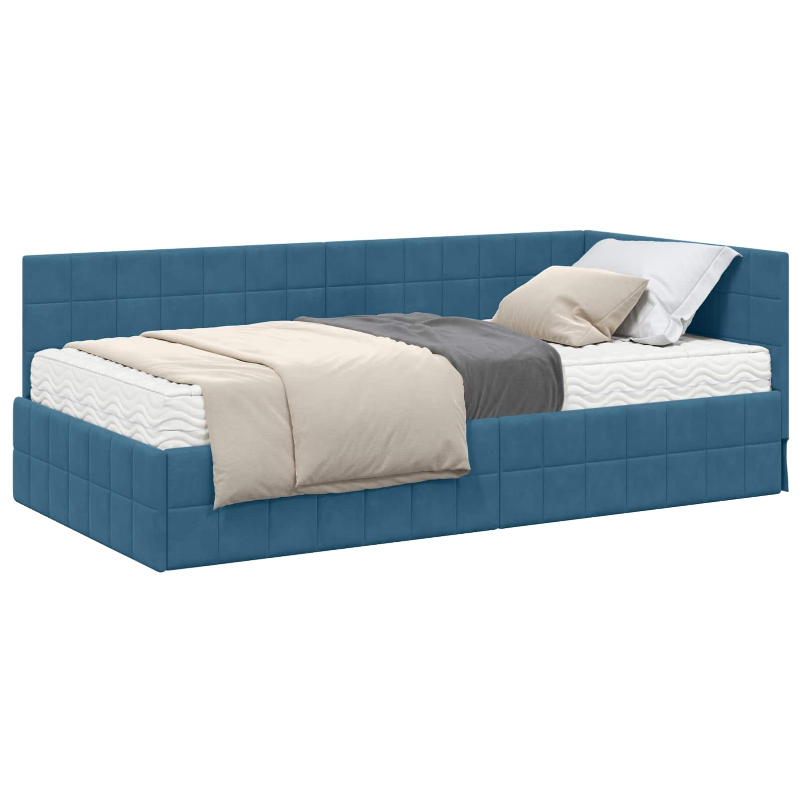 Hoekbedframe met Matras met hoofdeinde 2 pcs Blauw Fluweel – afbeelding 2