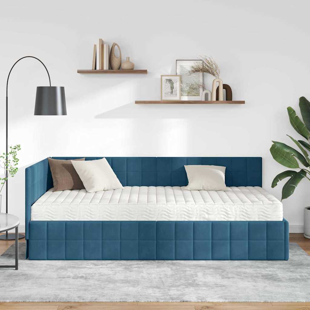Hoekbedframe met Matras met hoofdeinde 2 pcs Blauw Fluweel – afbeelding 3