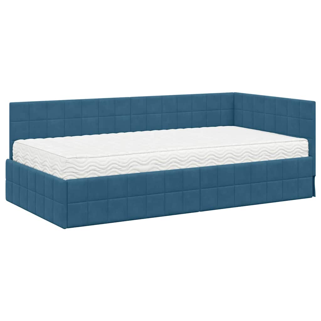 Hoekbedframe met Matras met hoofdeinde 2 pcs Blauw Fluweel – afbeelding 4