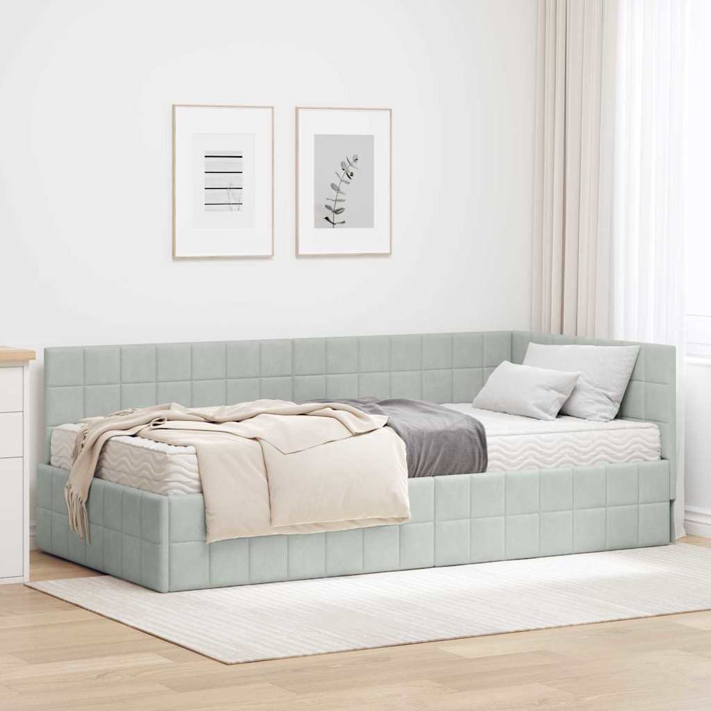 Hoekbedframe met Matras met hoofdeinde 2 pcs Lichtgrijs Fluweel – afbeelding 1