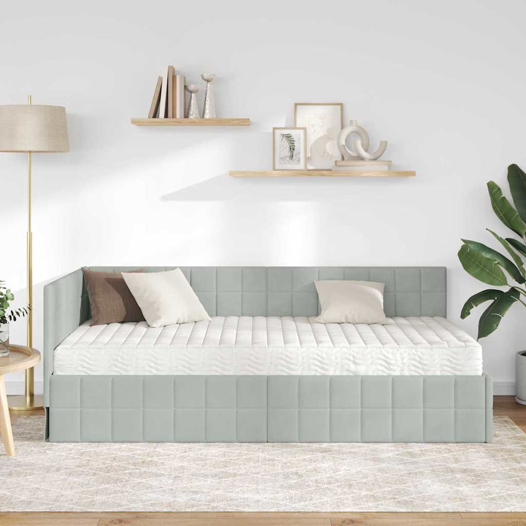 Hoekbedframe met Matras met hoofdeinde 2 pcs Lichtgrijs Fluweel – afbeelding 3