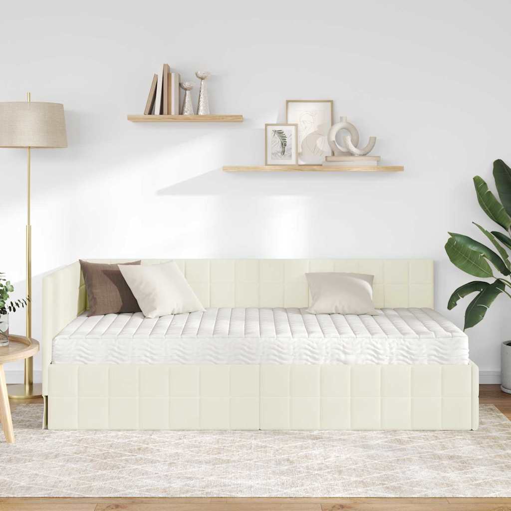 Hoekbedframe met Matras met hoofdeinde 2 pcs Crème Fluweel – afbeelding 3