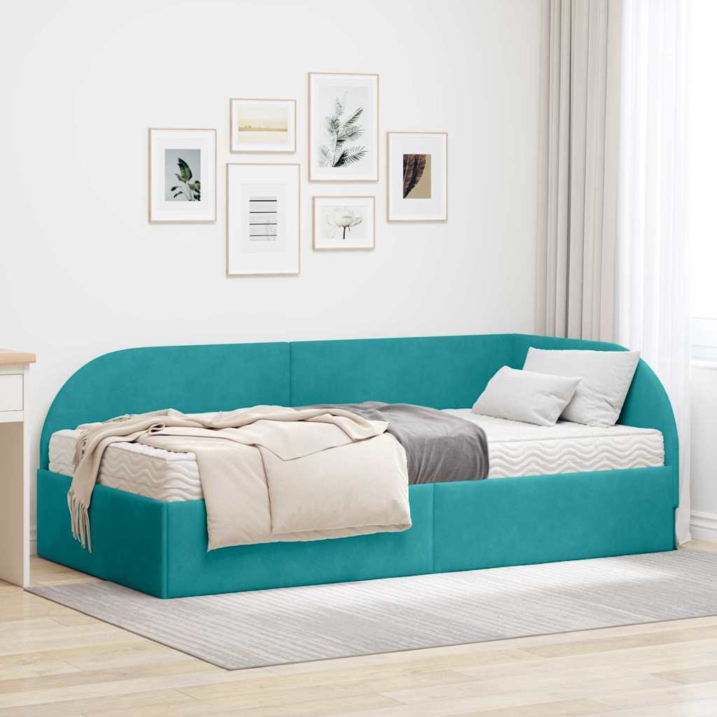 Hoekbedframe met Matras met hoofdeinde 2 pcs Turquoise Fluweel – afbeelding 1