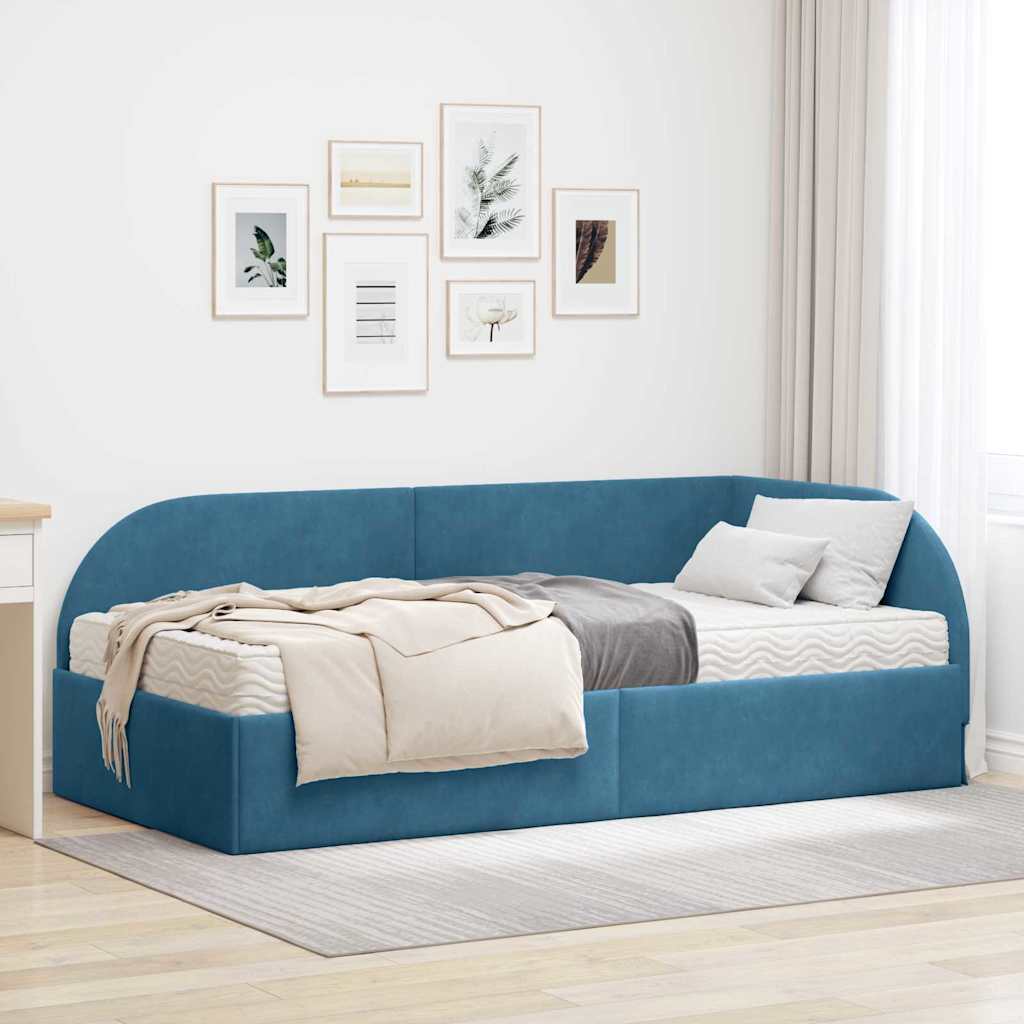 Hoekbedframe met Matras met hoofdeinde 2 pcs Blauw Fluweel – afbeelding 1