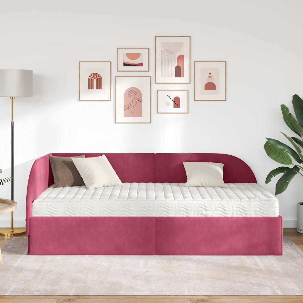 Hoekbedframe met Matras met hoofdeinde 2 pcs Rood Fluweel – afbeelding 3