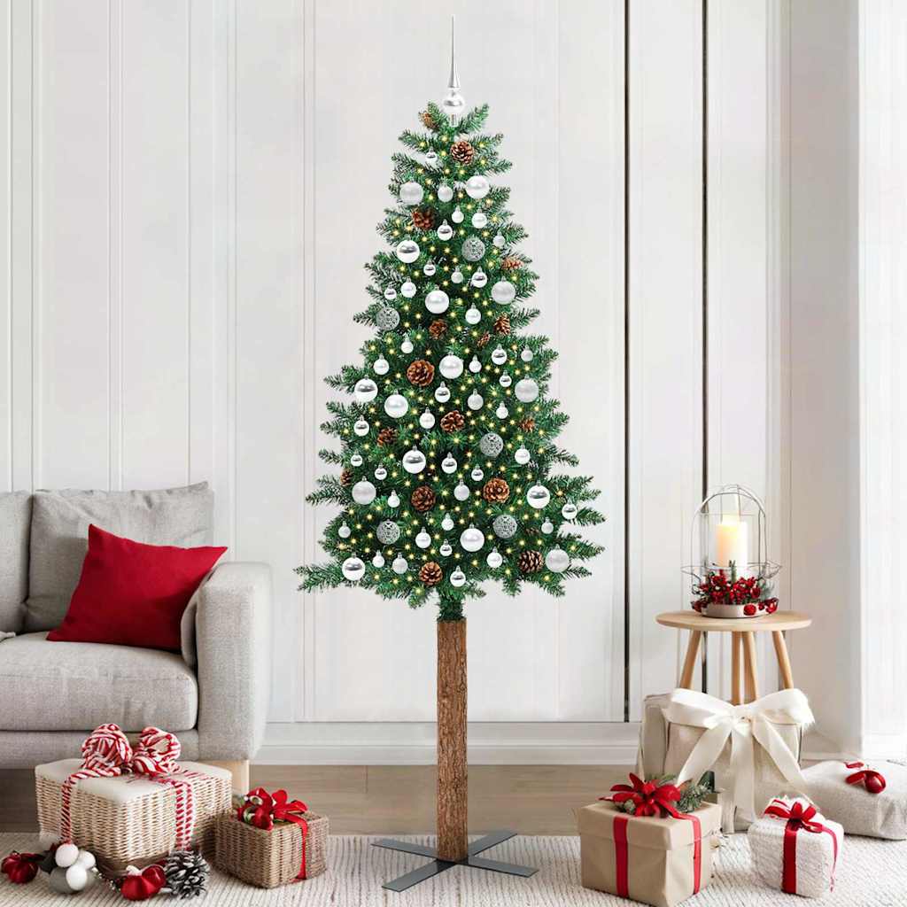 Slanke Kerstboom Groen 210 cm PVC en massief dennenhout – afbeelding 1