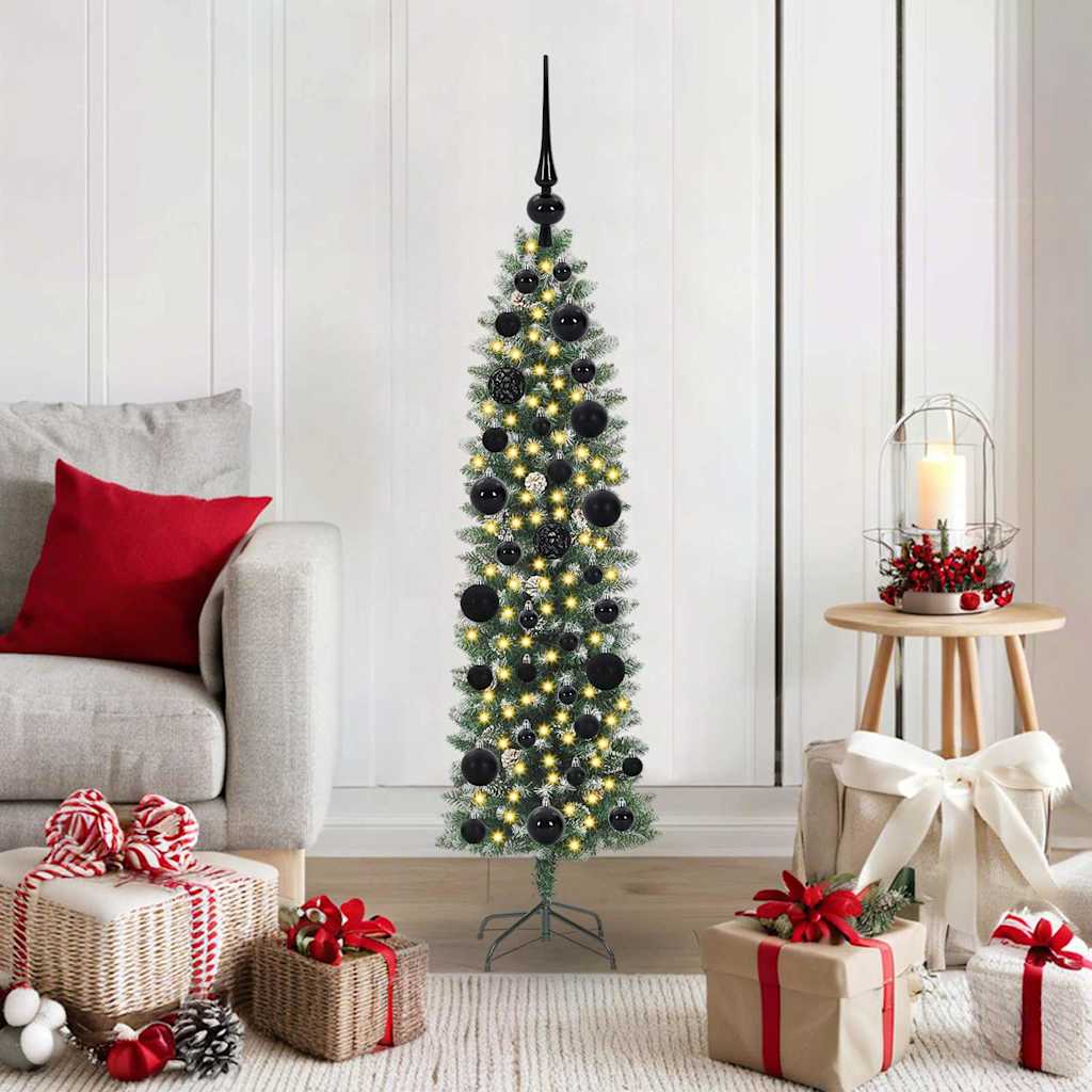 Kunstmatige slanke kerstboom met 150 LED Groen en Wit 120 cm – afbeelding 1