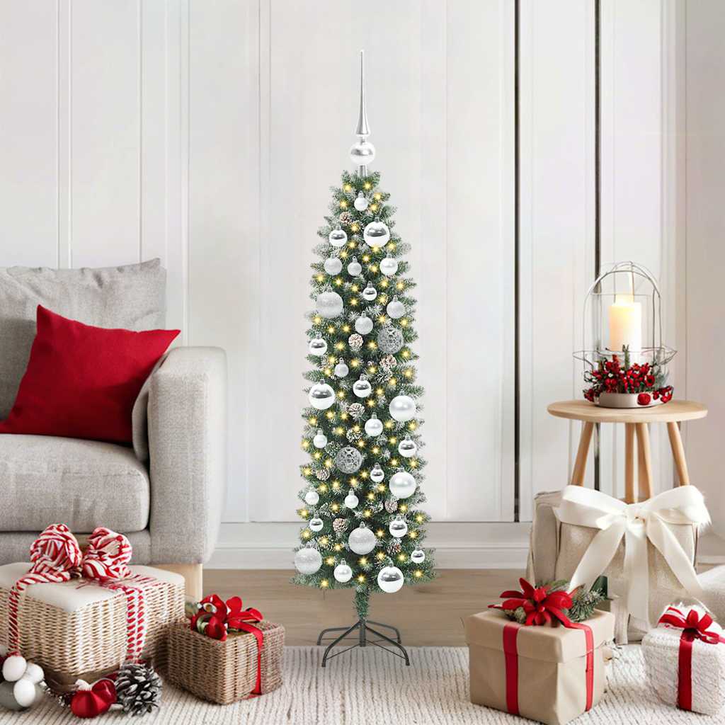 Kunstmatige slanke kerstboom met 150 LED Groen en Wit 120 cm