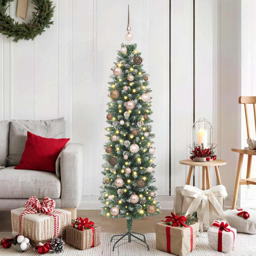 Kunstmatige slanke kerstboom met 150 LED Groen en Wit 150 cm