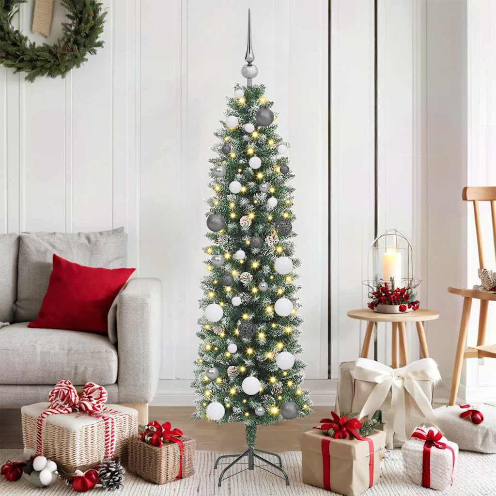 Kunstmatige slanke kerstboom met 150 LED Groen en Wit 150 cm – afbeelding 1