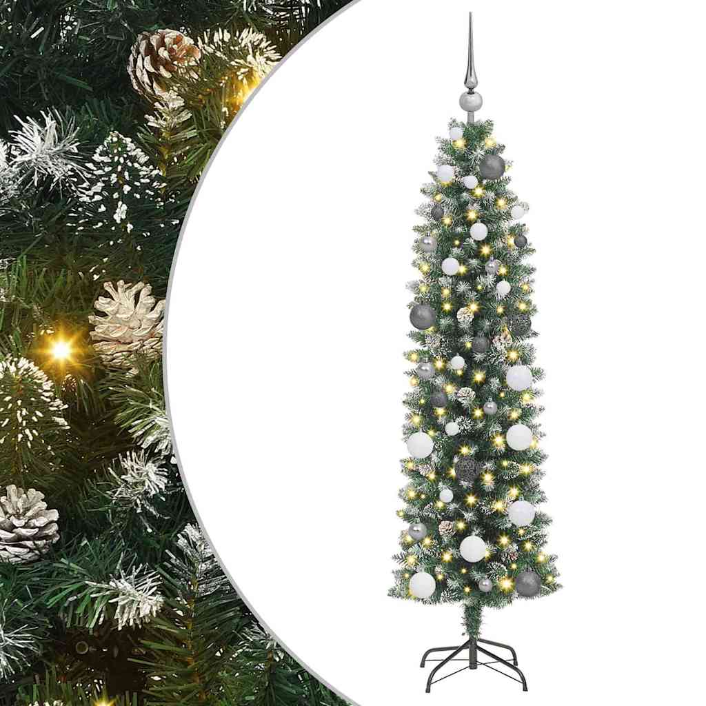 Kunstmatige slanke kerstboom met 150 LED Groen en Wit 150 cm – afbeelding 2