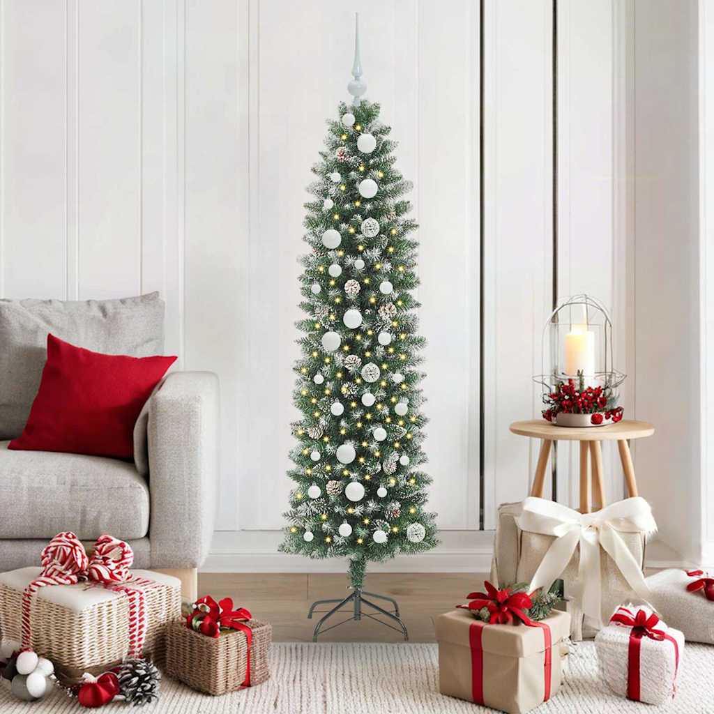 Kunstmatige slanke kerstboom met 150 LED Groen en Wit 150 cm – afbeelding 1