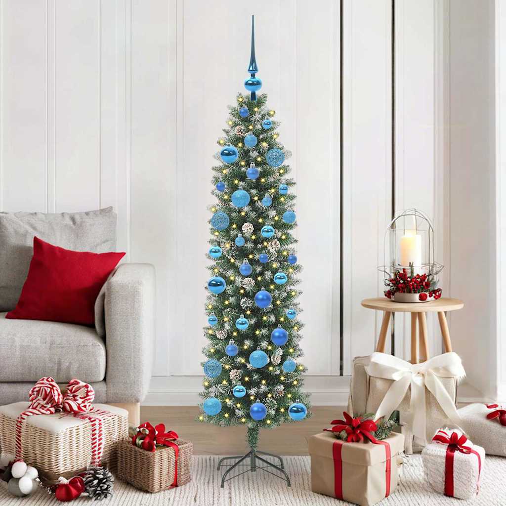 Kunstmatige slanke kerstboom met 150 LED Groen en Wit 150 cm