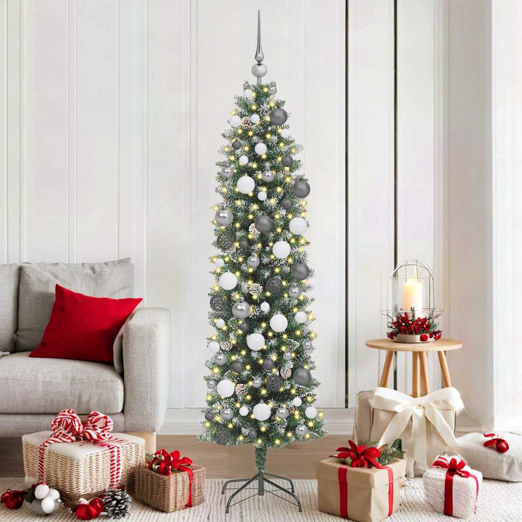 Kunstmatige slanke kerstboom met 300 LED Groen en Wit 180 cm