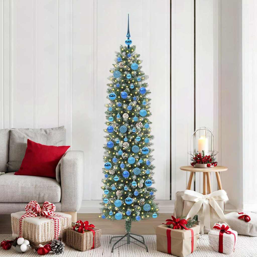 Kunstmatige slanke kerstboom met 300 LED Groen en Wit 180 cm