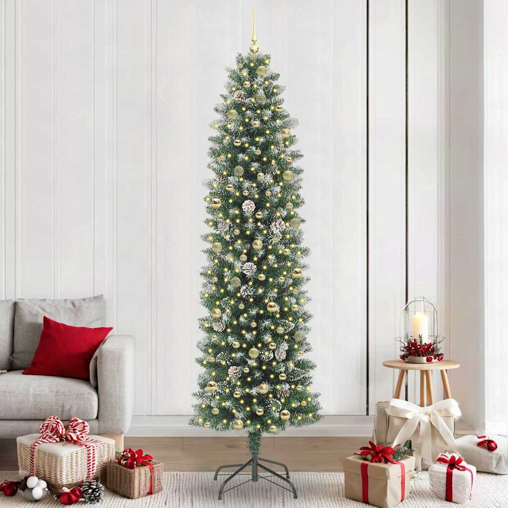 Kunstmatige slanke kerstboom met 300 LED Groen en Wit 240 cm – afbeelding 1