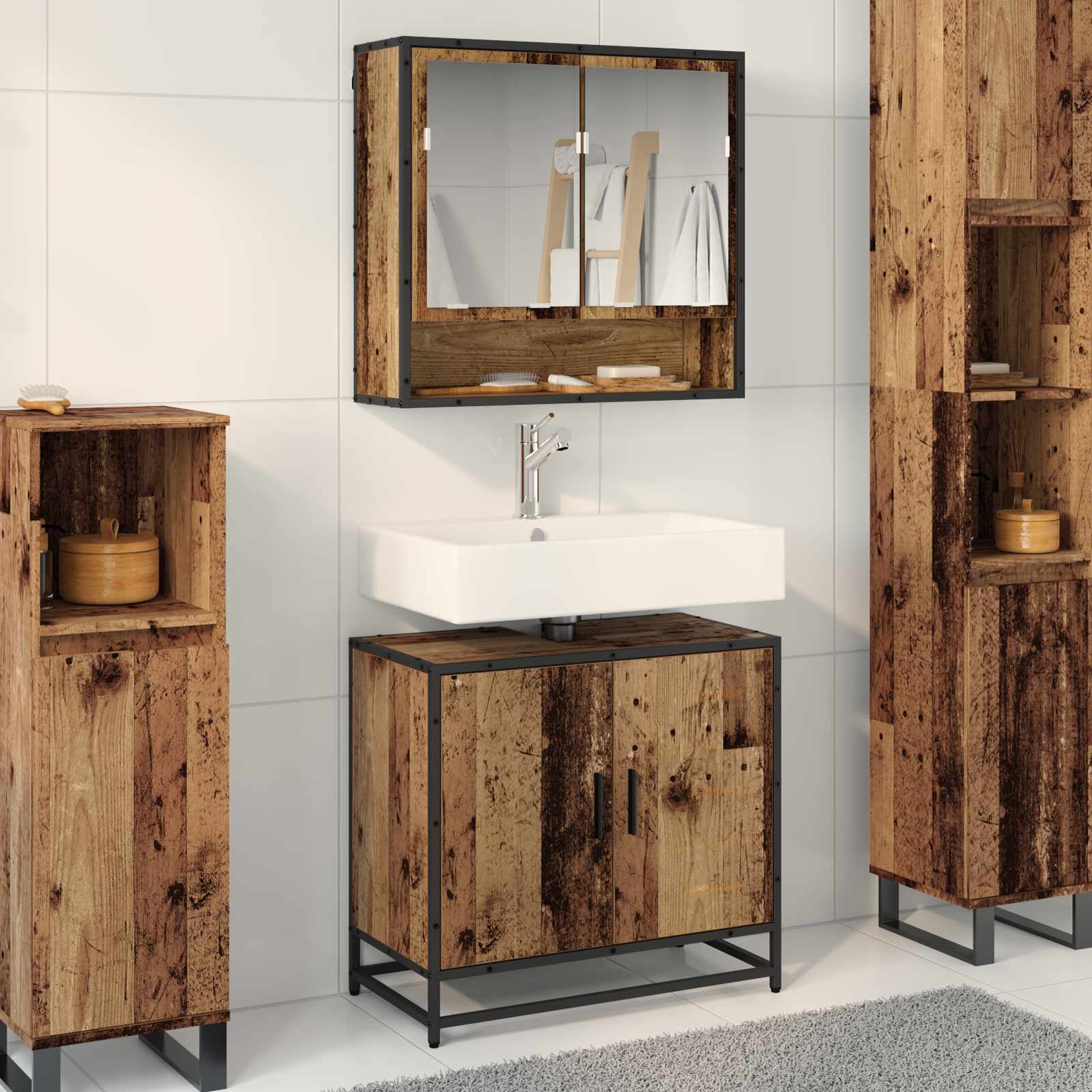 Badkamermeubelset met plank 2 pcs Oud Hout Bewerkt hout