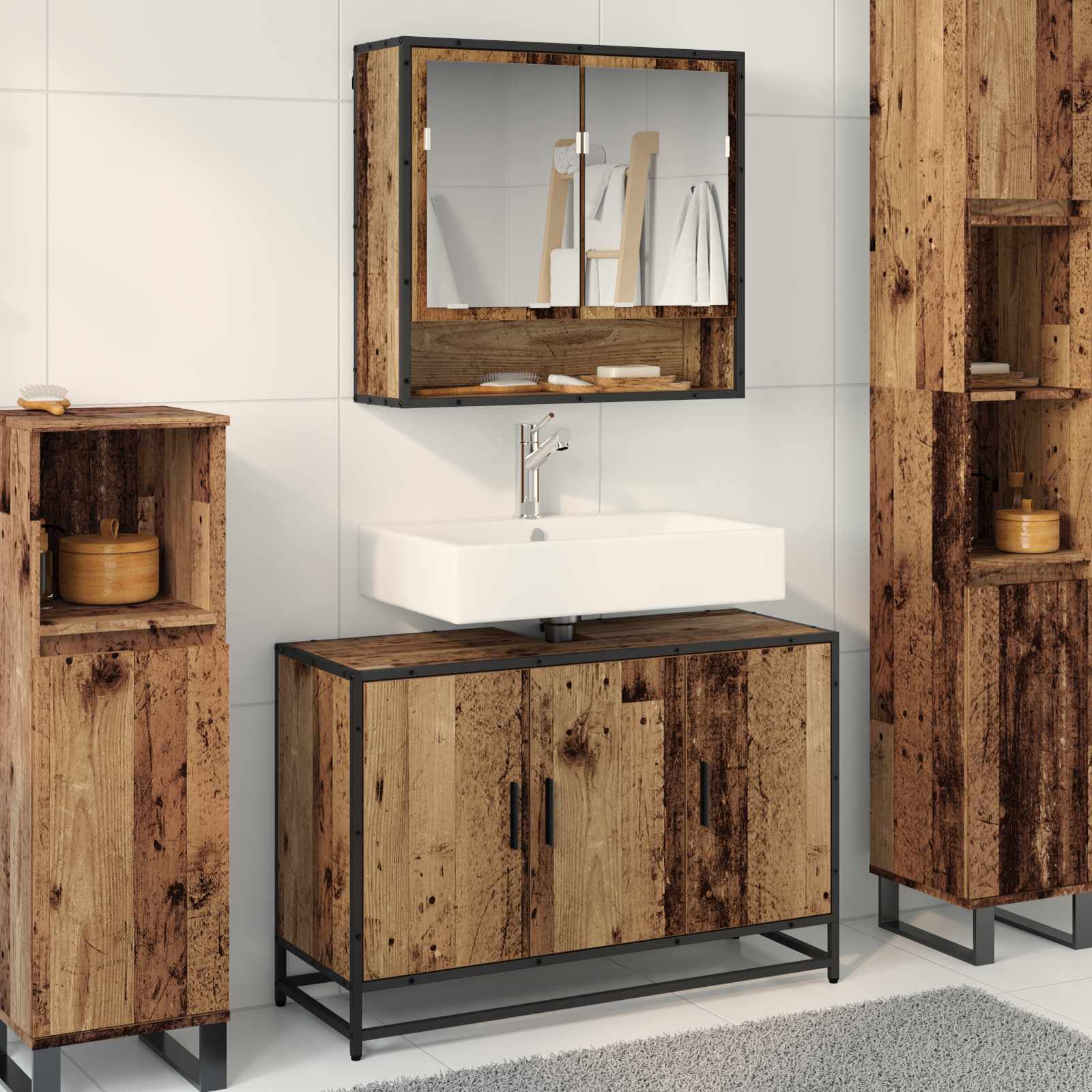 Badkamermeubelset met plank 2 pcs Oud Hout Bewerkt hout