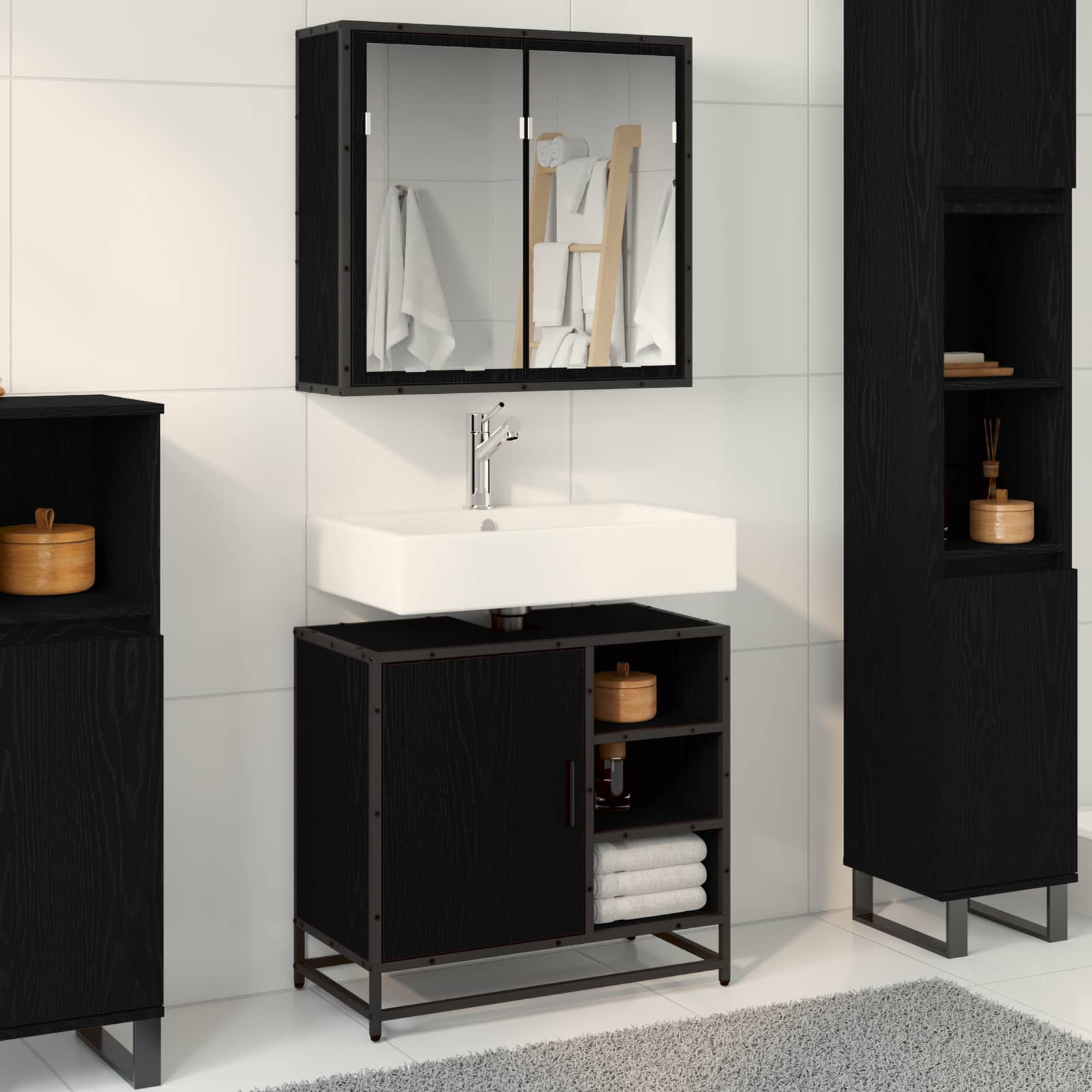 Badkamermeubelset met plank 2 pcs Zwart Eiken Bewerkt hout