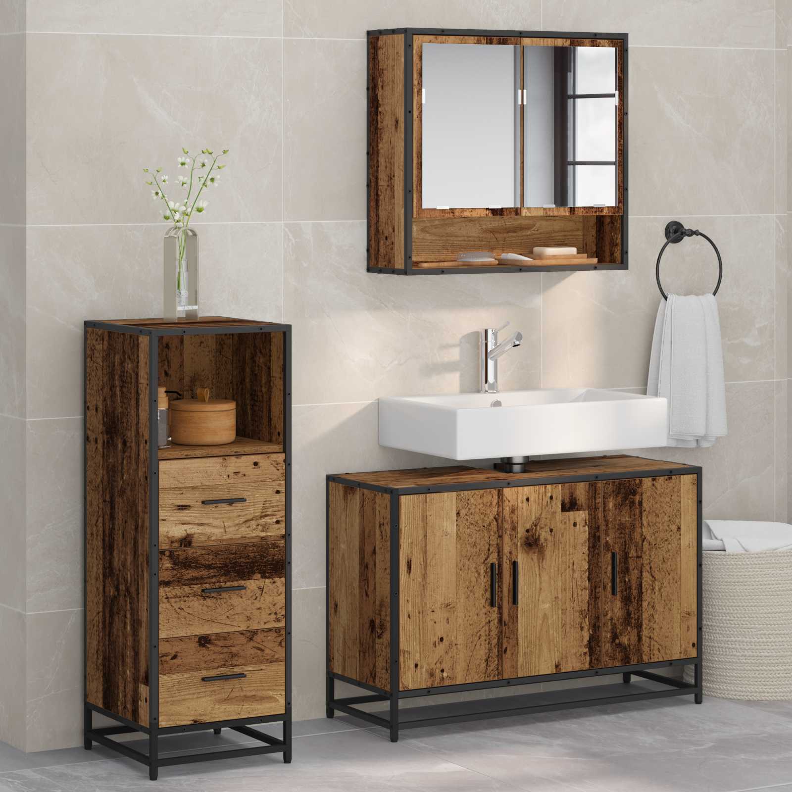 Badkamermeubelset met lade 3 pcs Oud Hout Bewerkt hout