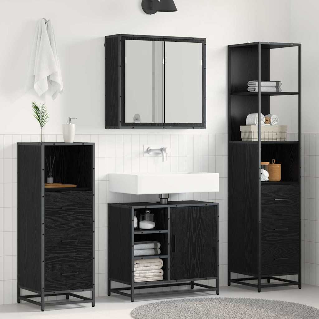 Badkamermeubelset met lade 4 pcs Zwart Eiken Bewerkt hout – afbeelding 1