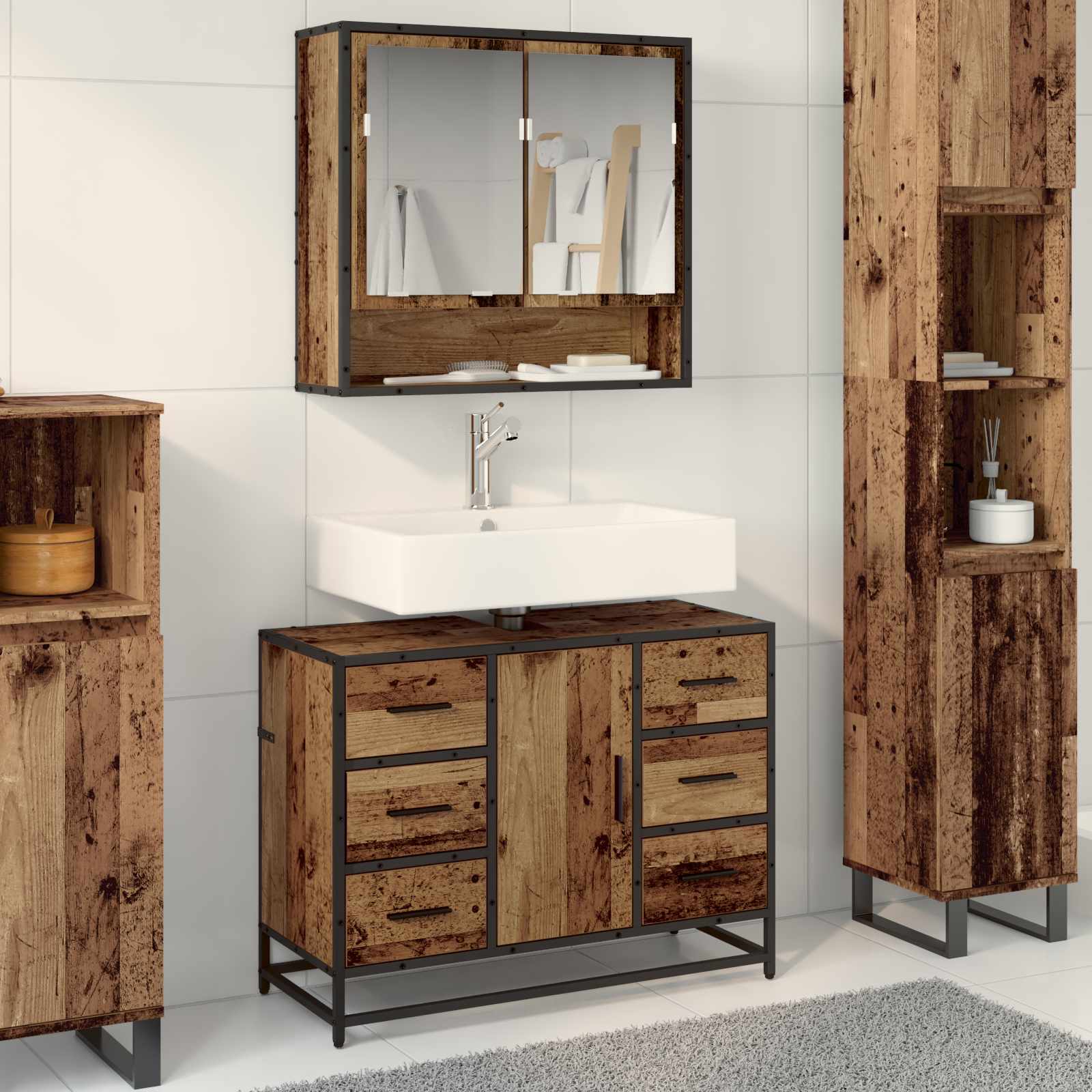 Badkamermeubelset met lade 2 pcs Oud Hout Bewerkt hout
