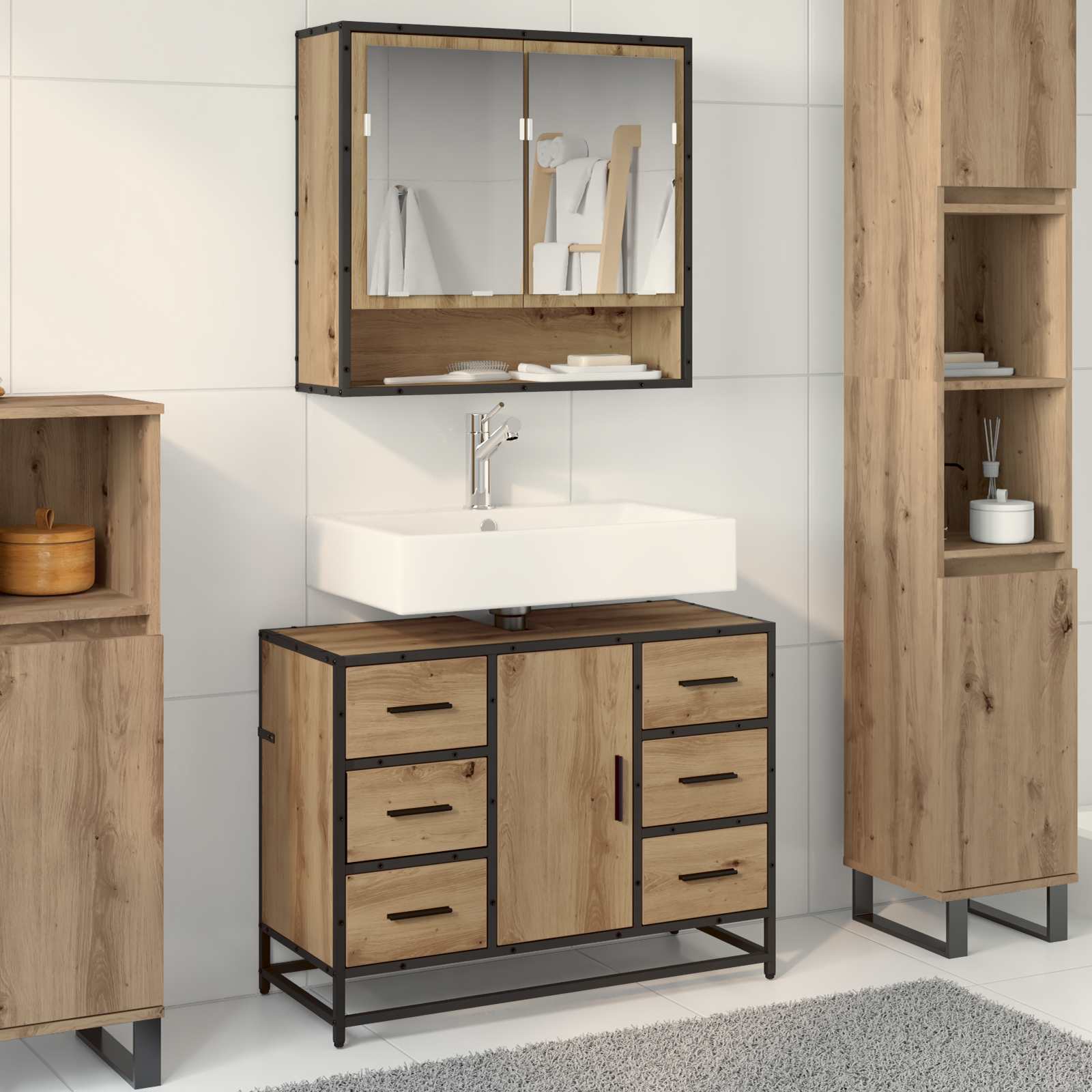 Badkamermeubelset met lade 2 pcs Artisan Eiken Bewerkt hout
