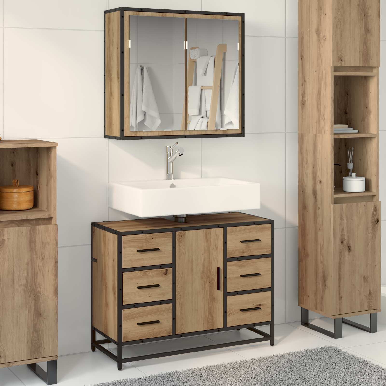 Badkamermeubelset met lade 2 pcs Artisan Eiken Bewerkt hout