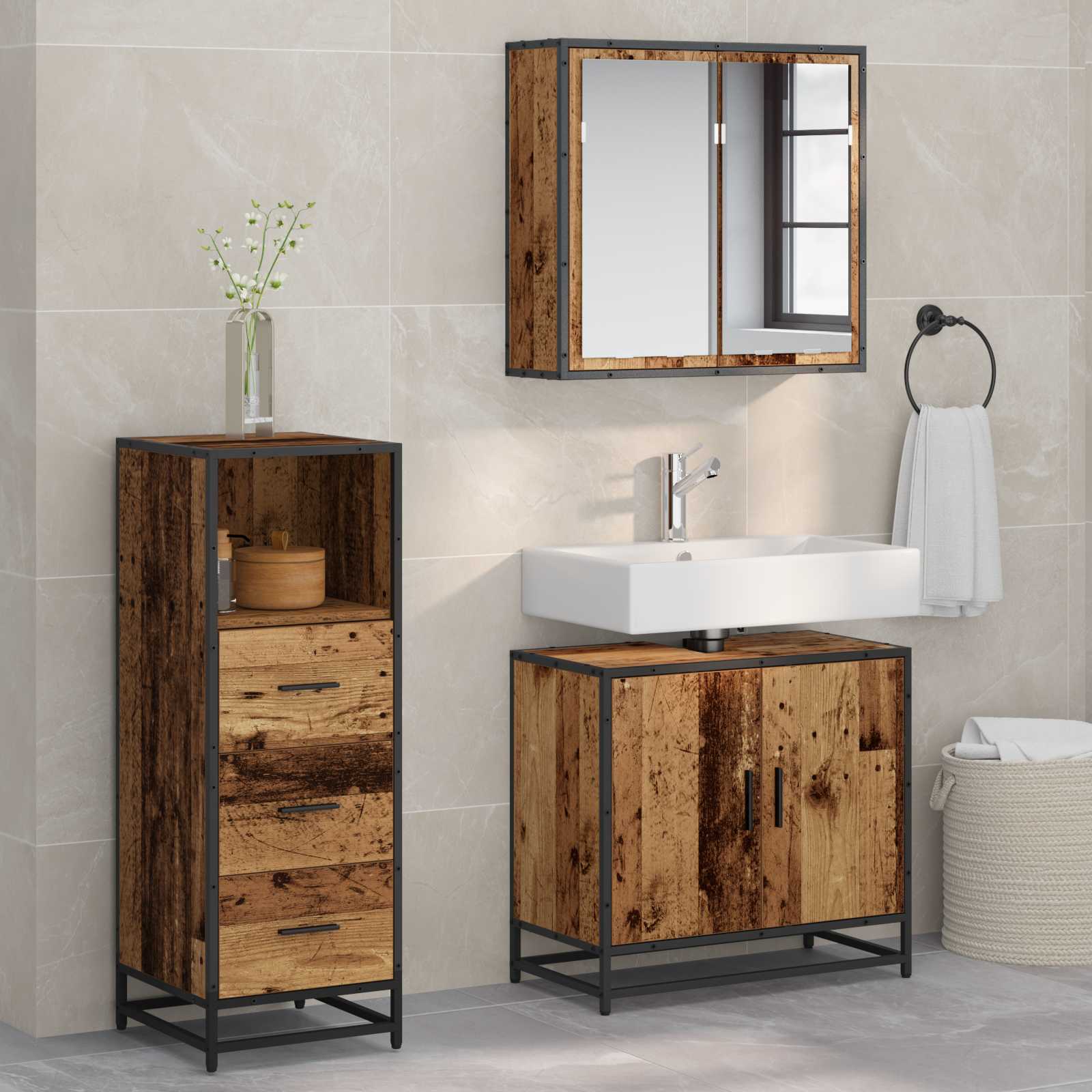 Badkamermeubelset met lade 3 pcs Oud Hout Bewerkt hout