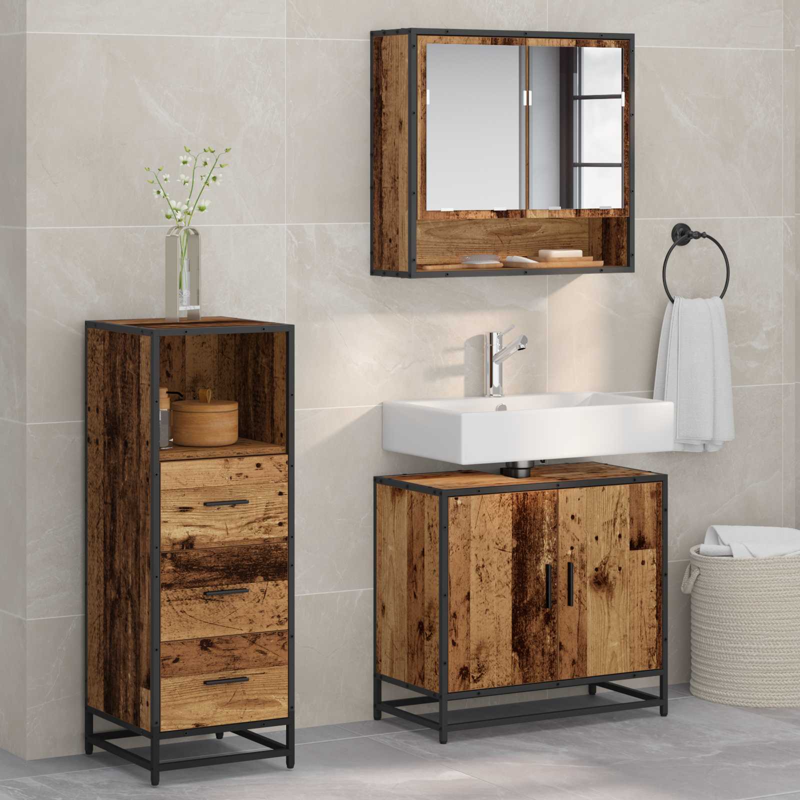 Badkamermeubelset met lade 3 pcs Oud Hout Bewerkt hout