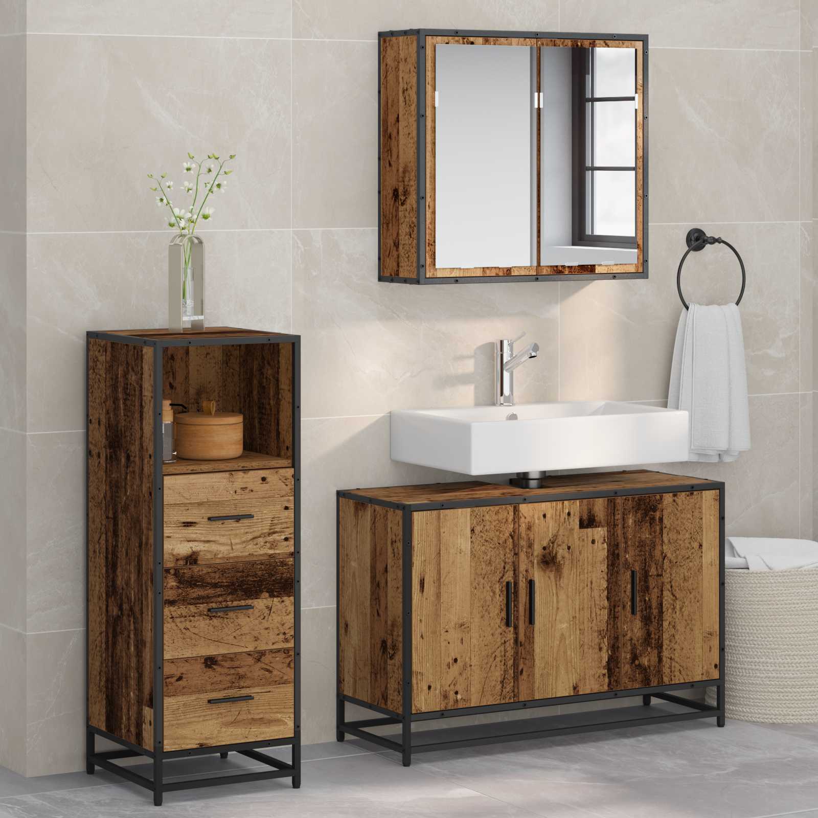 Badkamermeubelset met lade 3 pcs Oud Hout Bewerkt hout