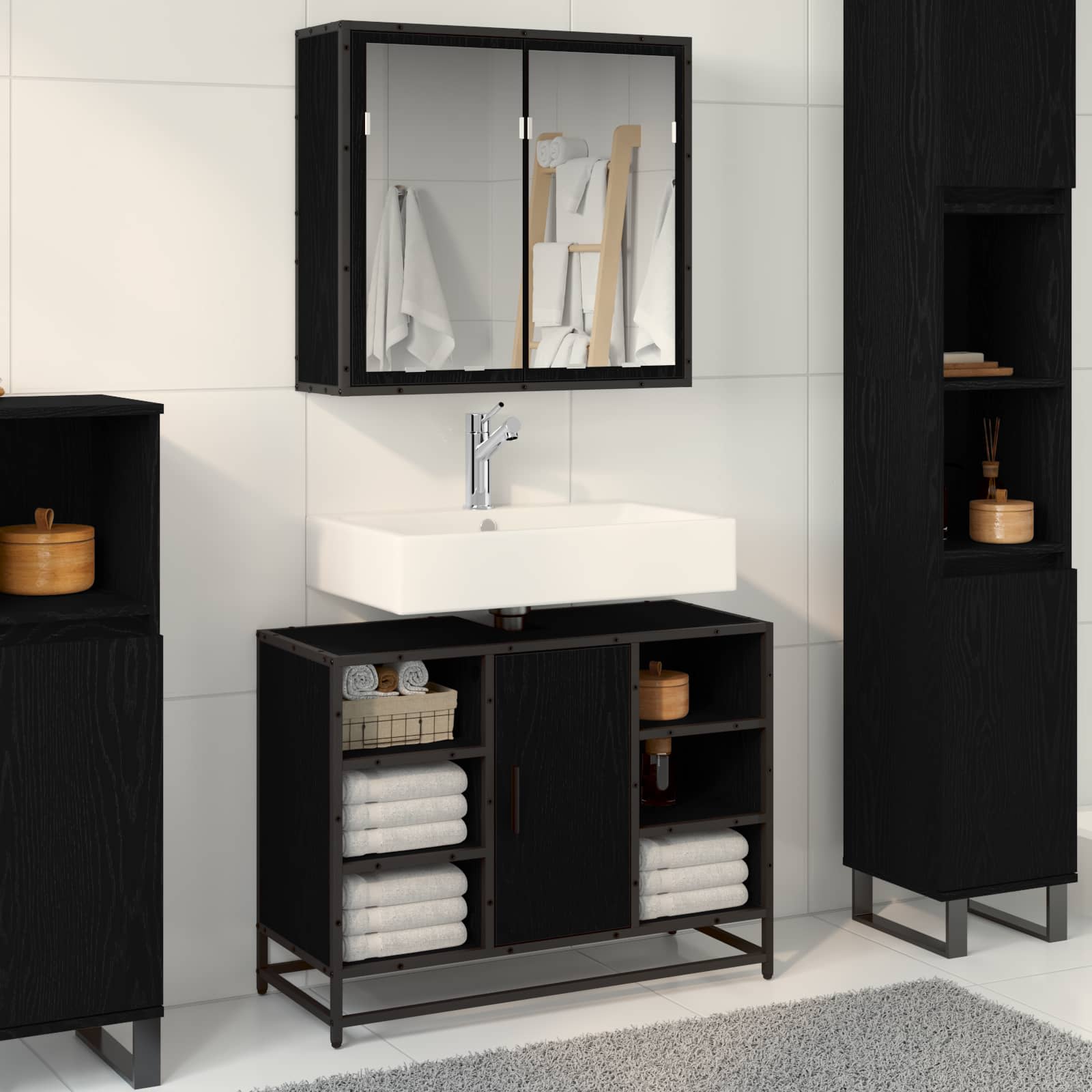 Badkamermeubelset met plank 2 pcs Zwart Eiken Bewerkt hout