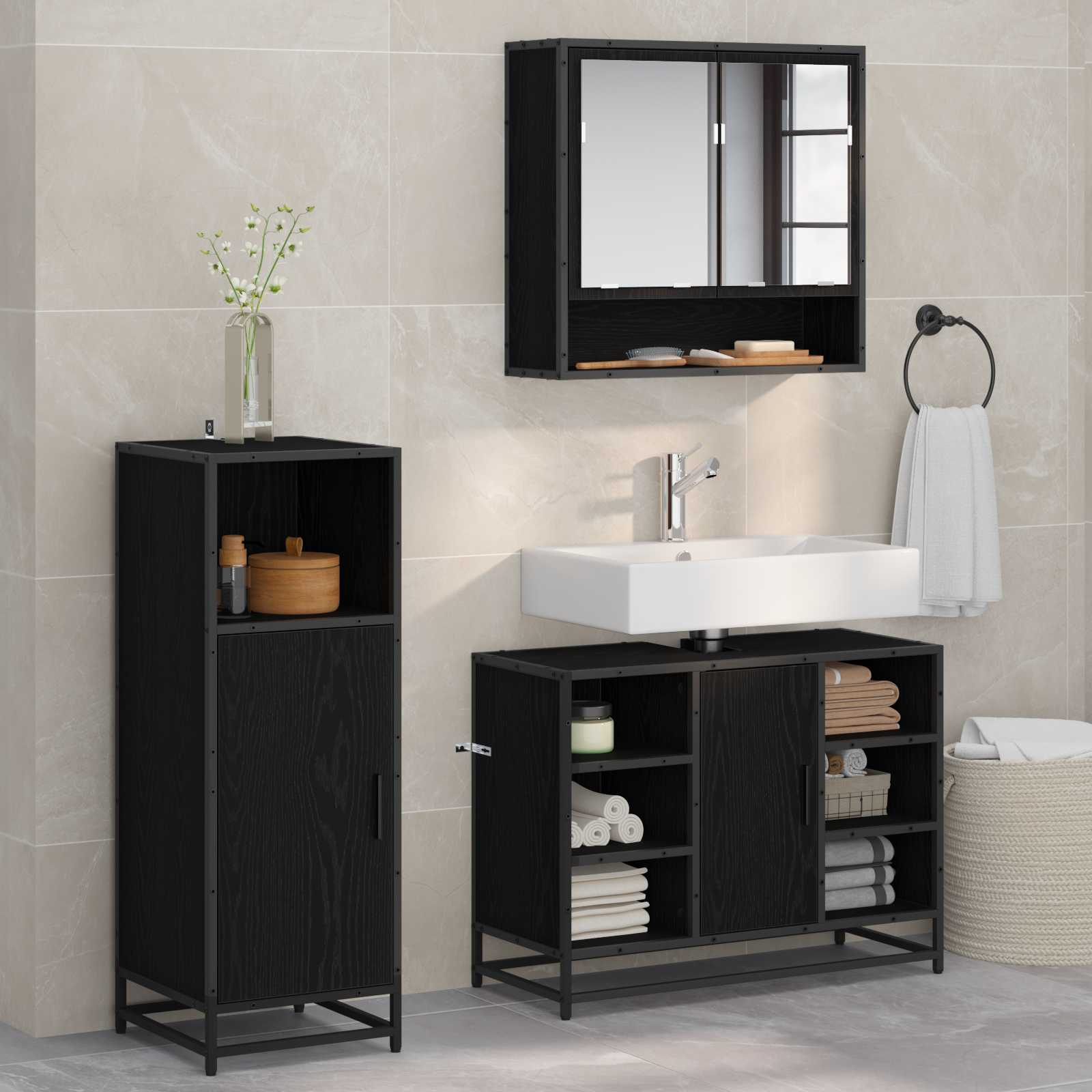 Badkamermeubelset met plank 3 pcs Zwart Eiken Bewerkt hout