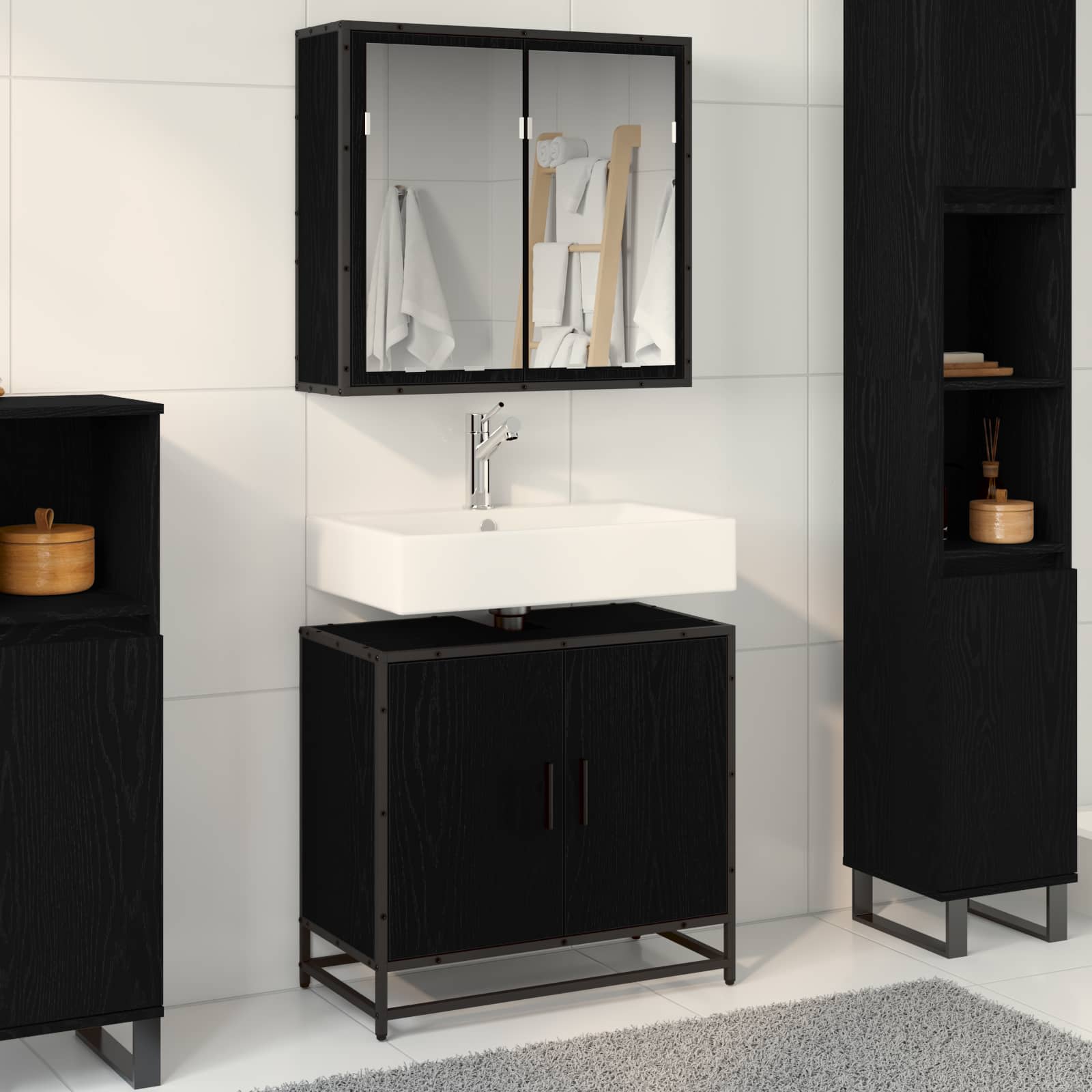 Badkamermeubelset met plank 2 pcs Zwart Eiken Bewerkt hout