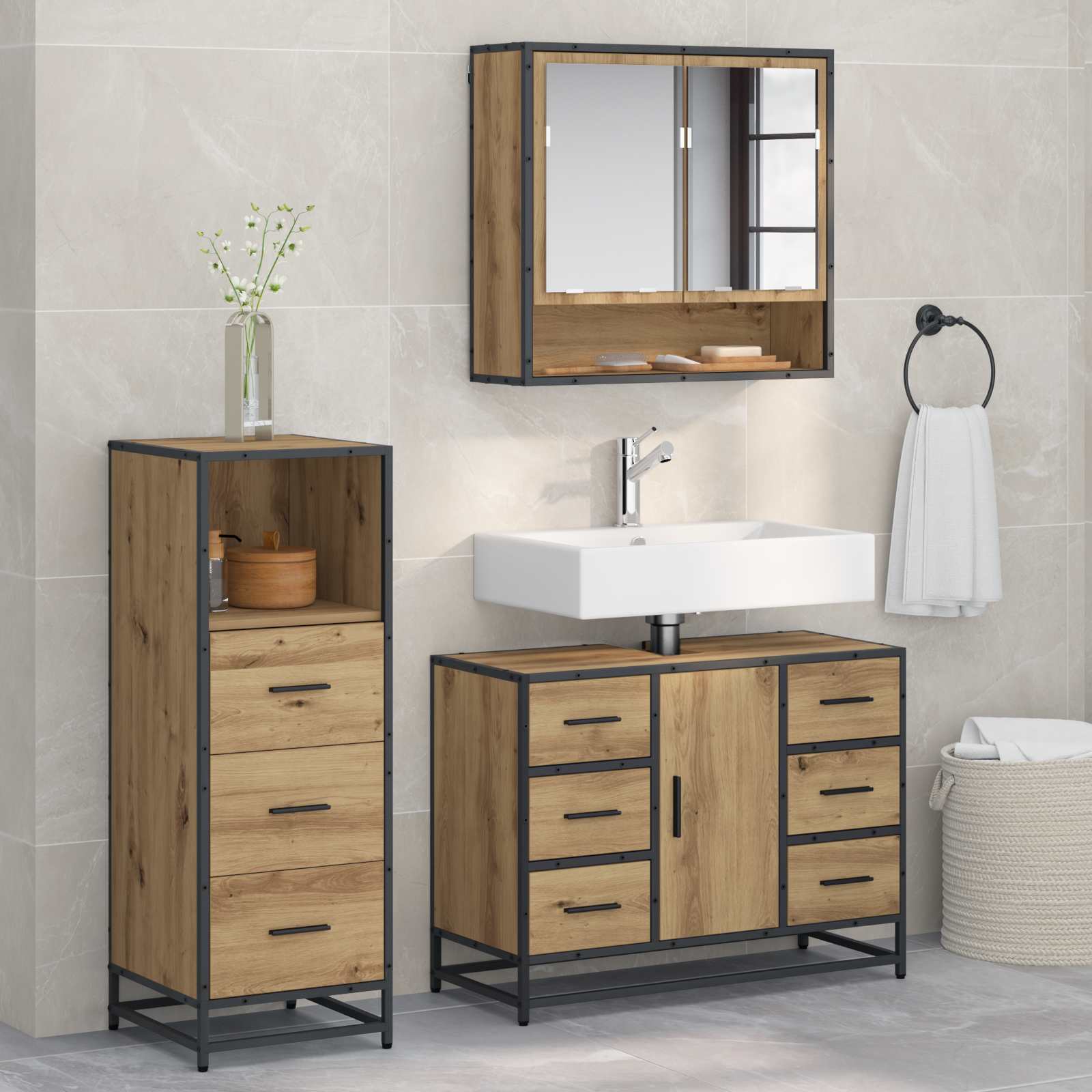Badkamermeubelset met lade 3 pcs Artisan Eiken Bewerkt hout