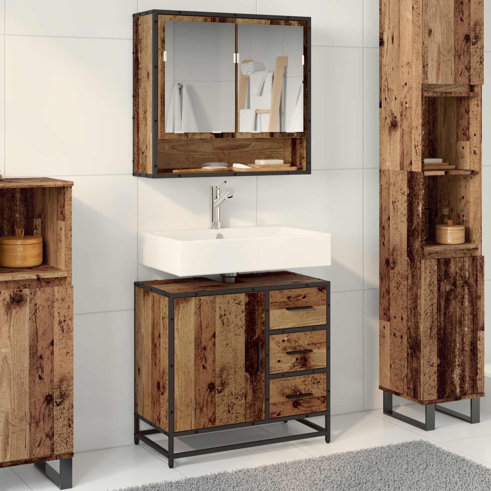 Badkamermeubelset met lade 2 pcs Oud Hout Bewerkt hout – afbeelding 1