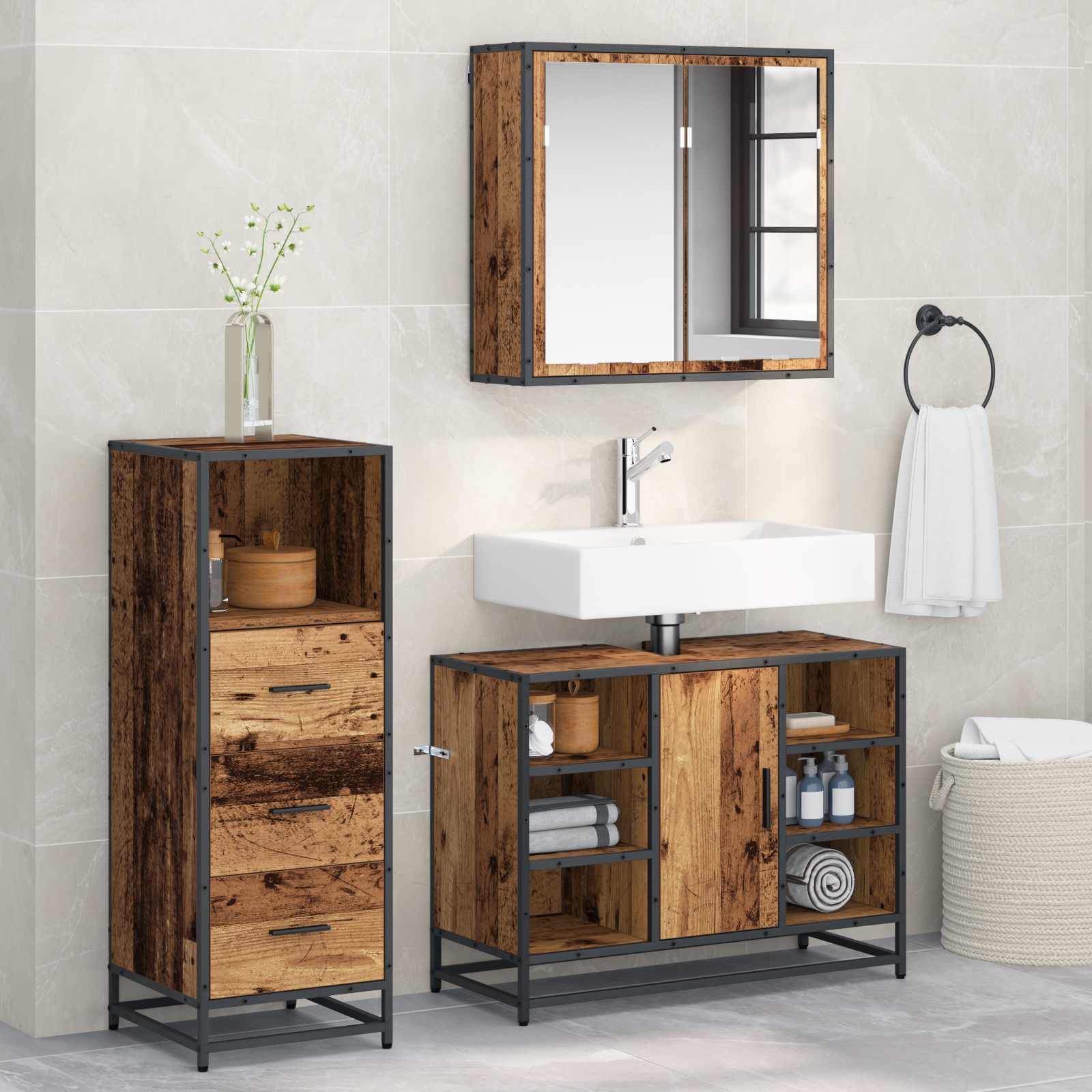 Badkamermeubelset met lade 3 pcs Oud Hout Bewerkt hout
