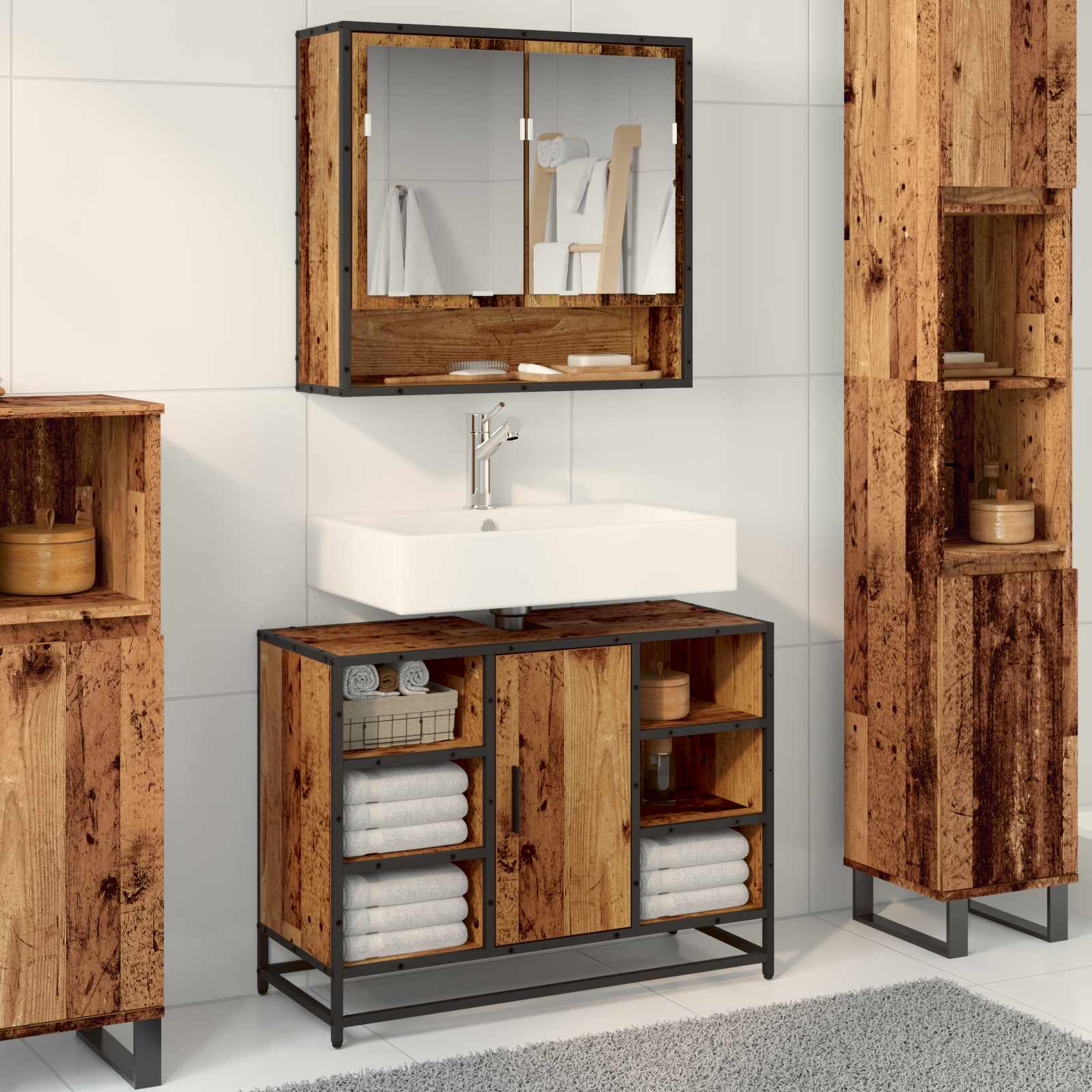 Badkamermeubelset met plank 2 pcs Oud Hout Bewerkt hout