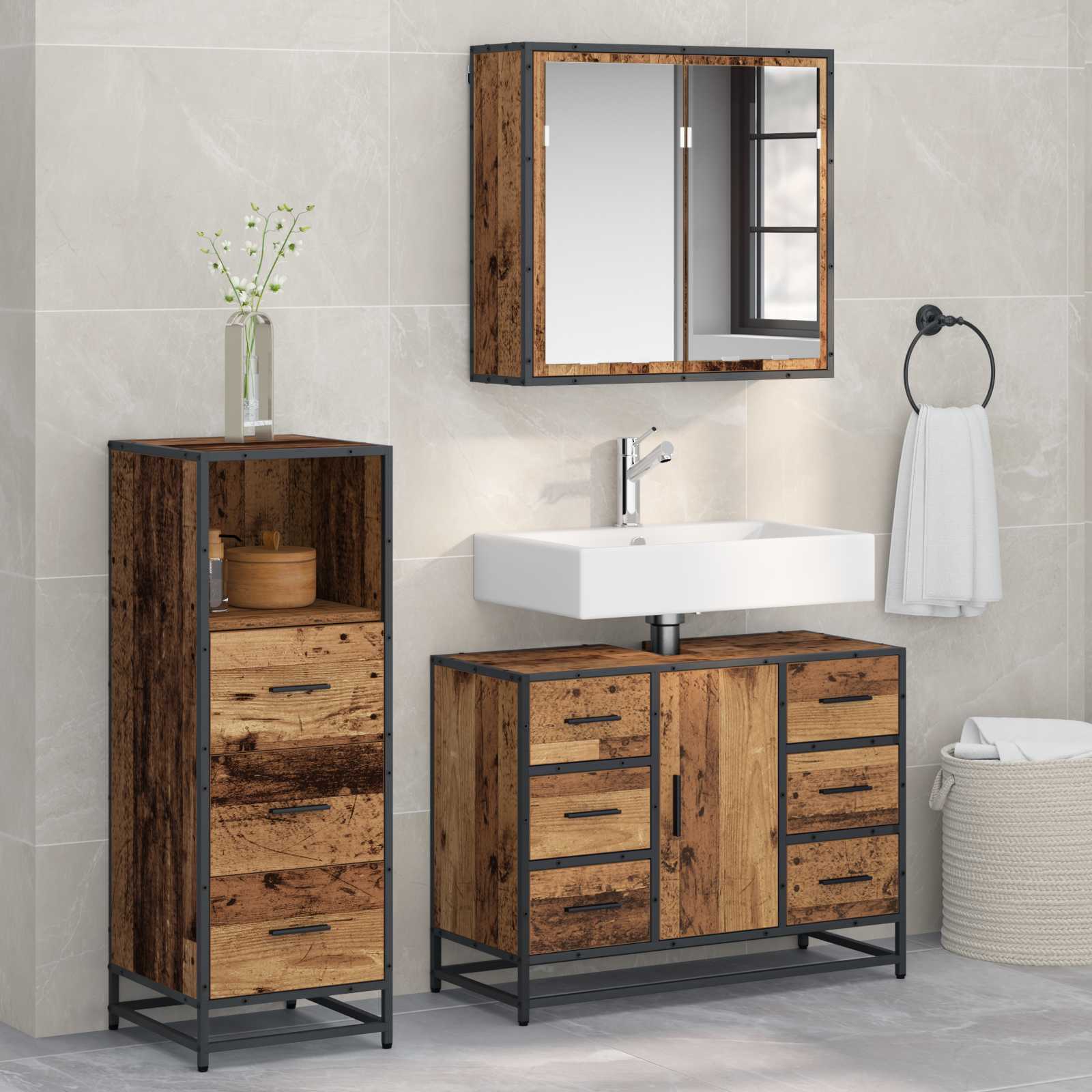 Badkamermeubelset met lade 3 pcs Oud Hout Bewerkt hout