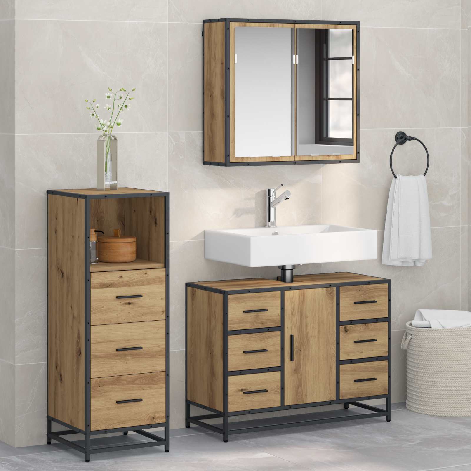 Badkamermeubelset met lade 3 pcs Artisan Eiken Bewerkt hout