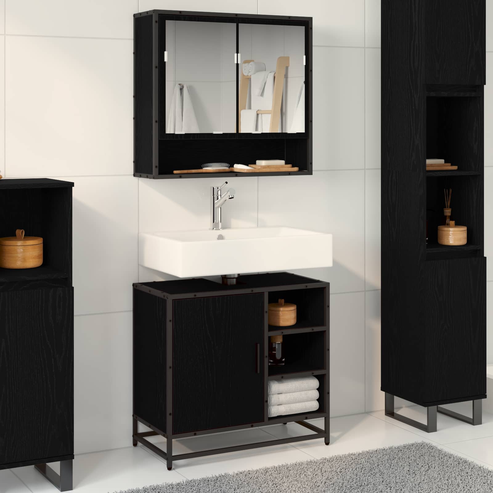 Badkamermeubelset met lade 2 pcs Zwart Eiken Bewerkt hout – afbeelding 1