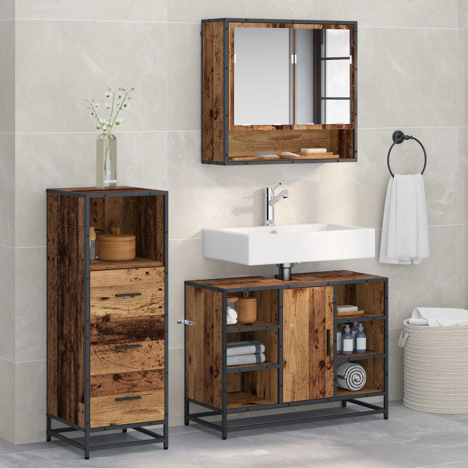 Badkamermeubelset met lade 3 pcs Oud Hout Bewerkt hout