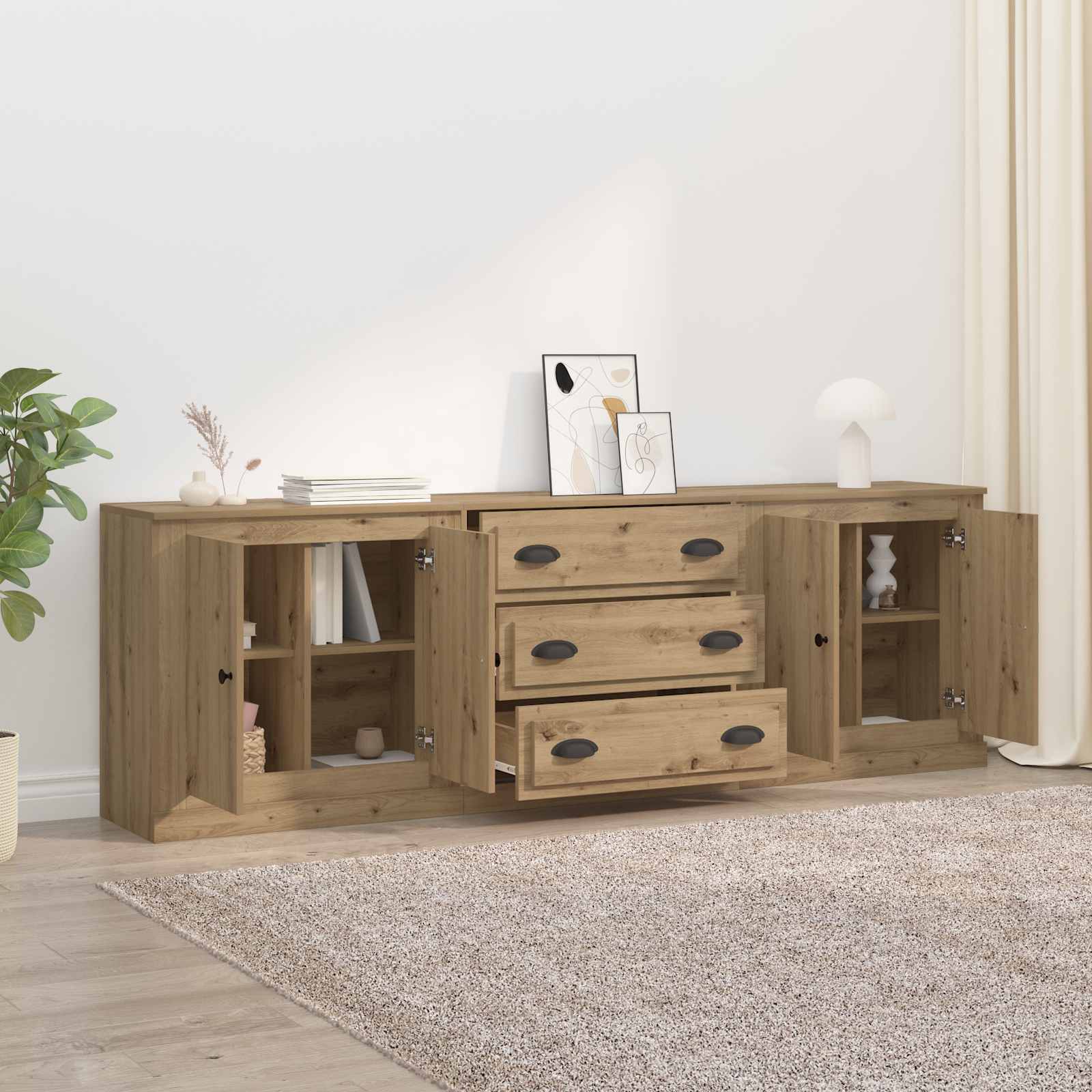 Dressoirs met lade 3 pcs Artisanaal eiken 210 x 35,5 x 67,5 cm – afbeelding 4
