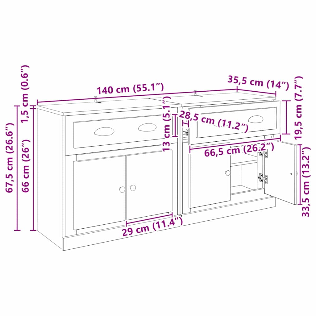 Dressoirs 2 pcs Oud Hout 70 x 35,5 x 67,5 cm Bewerkt hout – afbeelding 12