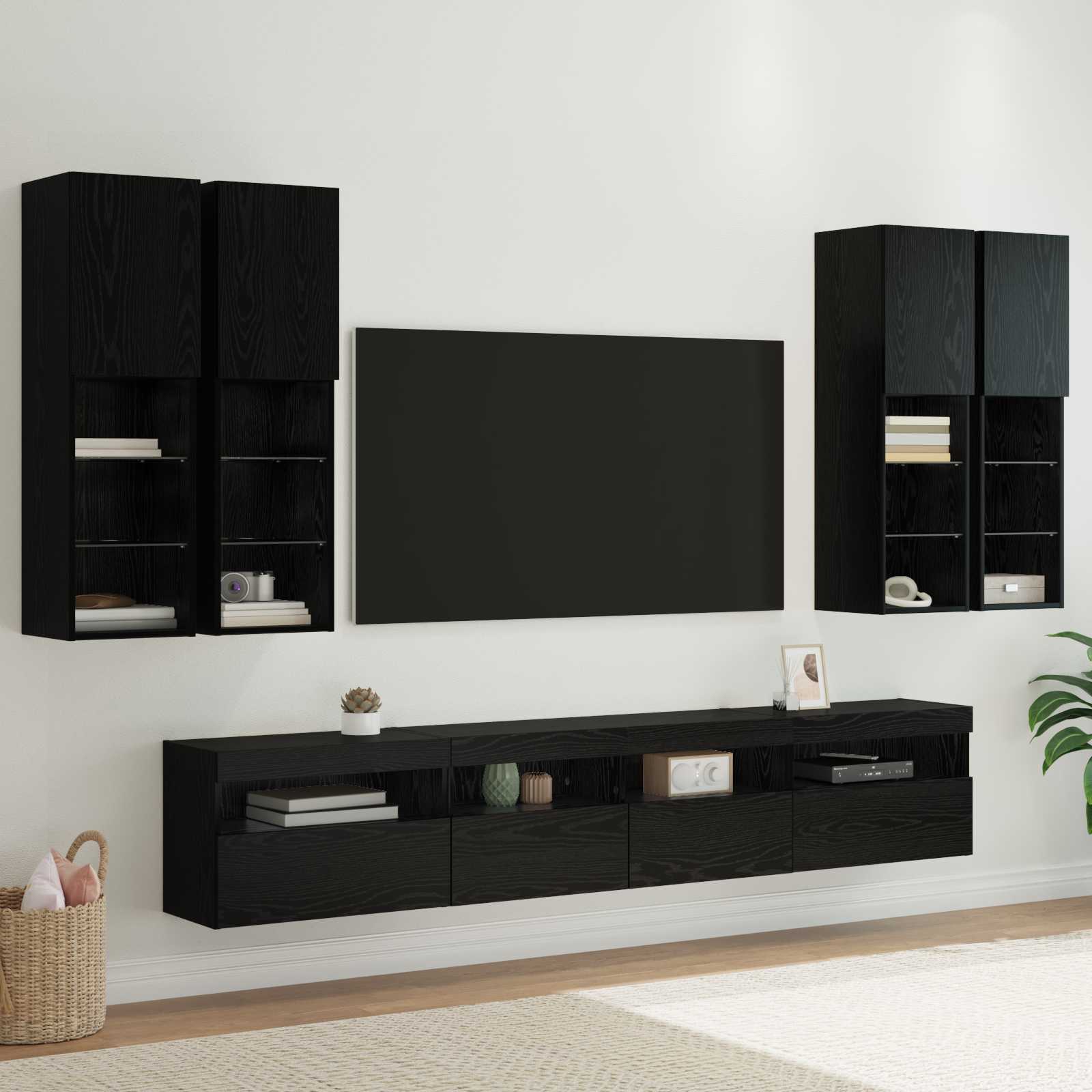 TV Wandkast Set met LED Lichten 7 pcs Zwart Eiken Bewerkt hout – afbeelding 1